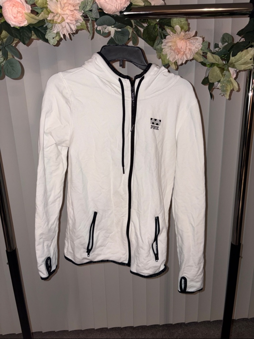 PINK Victoria's Secret White Zip-Up Hoodie with Black Trim